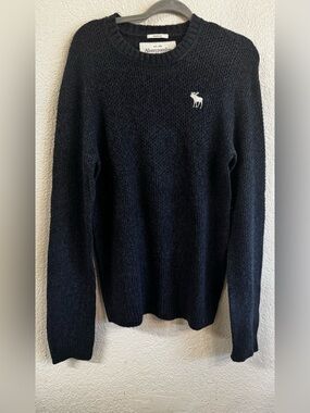Abercrombie & Fitch Men's Dark Navy Crewneck Sweater with Embroidered Moose